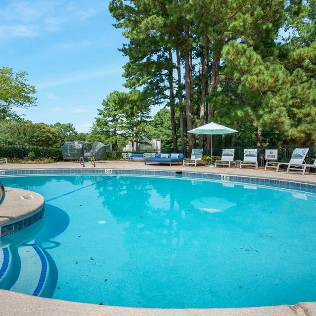 Andover at Crabtree Apartments - pool surrounded by trees and lounge seating